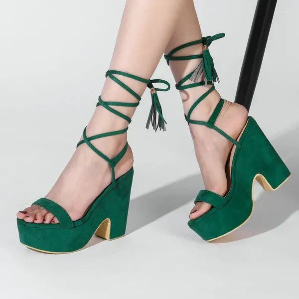 Sandali Abito sexy con cinturino incrociato Open Toe Summer Flock Verde Nero Cinturino alla caviglia Gladiatori Scarpe Tacco alto con plateau Donna