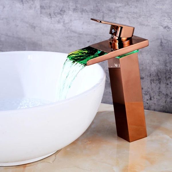 Banyo Lavabo Muslukları Havza Musluk Led Fırçalanmış Gül Altın Şelale Tek Delik Soğuk Musluk Mikser Taps Torneira