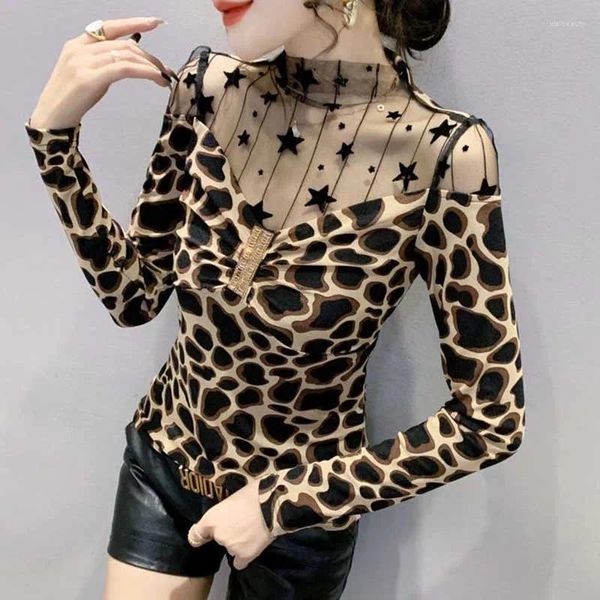 Camicette da donna Moda Garza Scava Fuori Diamanti Pieghe Abbigliamento leopardato 2024 Primavera Slim Coreano Top Office Lady Camicie