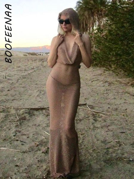Vestidos casuais boofeenaa fishnet malha ver através com capuz sem costas maxi vestido para mulheres verão 2024 praia cobrir sexy roupas de férias