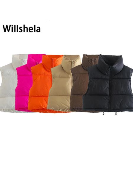 Willshela moda feminina alta pescoço recortado colete puff casual mulher sem mangas jaqueta chique senhora inverno roupas quentes 240124