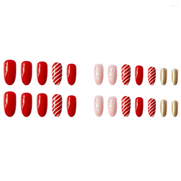 Falsche Nägel 24 Stück Weihnachtsnagel Schneeflocke Rot Weiße Linie mit Goldglitter für die Fingerdekoration zu Hause