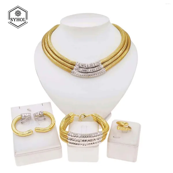 Collana orecchini set per donna braccialetto di lusso placcato oro brasiliano design semplice a strati elegante festa di nozze bijoux SYHOL