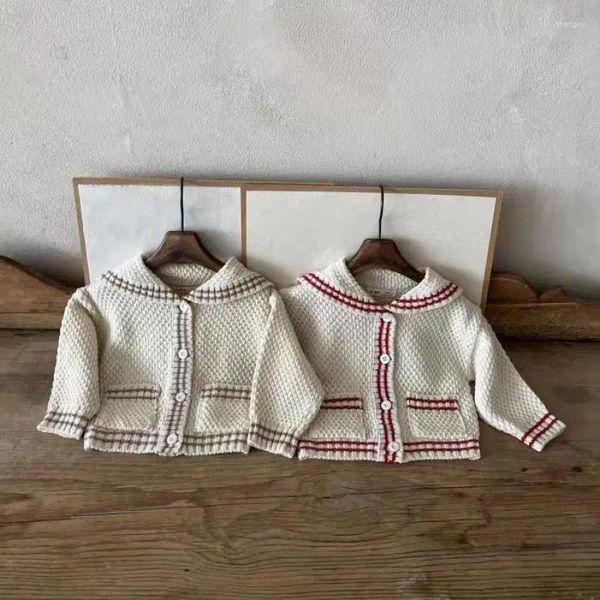 Giubbotti 2024 autunno bambino manica lunga bavero cappotto infantile ragazza cardigan lavorato a maglia vintage bambino ragazzo giacca tascabile casual vestiti per bambini