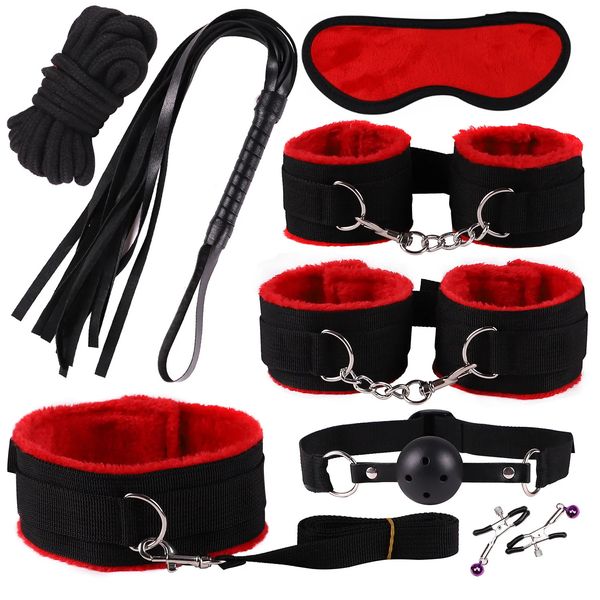 BDSM Bondage Kit 8 PCS/Set Kelepçeleri Meme Kelepçeleri Ağız Top Gag Kırbaç Pamuk Halat Seks Oyuncakları Çiftler İçin Göz Maskesi Boyun Yakası 240129