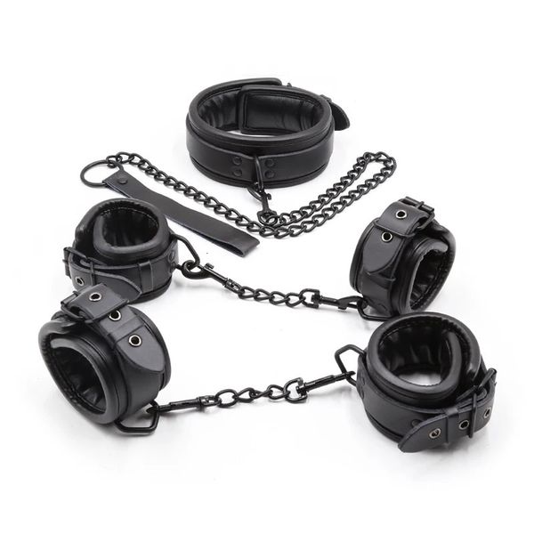 Schwarzes Echtleder-Bdsm-Bondage-Set, 3-teilig, Fesseln, Halsbänder, Fußfesseln, Handschellen für Sexspielzeug, Erwachsene 240202