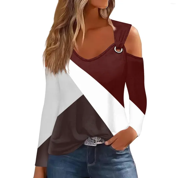 Camiseta feminina moda solta camiseta manga longa anel de metal impressão geométrica casual topo recortado y2k topos bonito tanque luxo