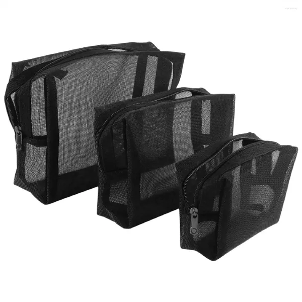 Aufbewahrungstaschen, schwarze Netz-Make-up-Tasche, durchsichtige Reißverschlusstasche, Reise-Kosmetik- und Toilettenartikel-Organizer, 3 Stück (S, M, L)