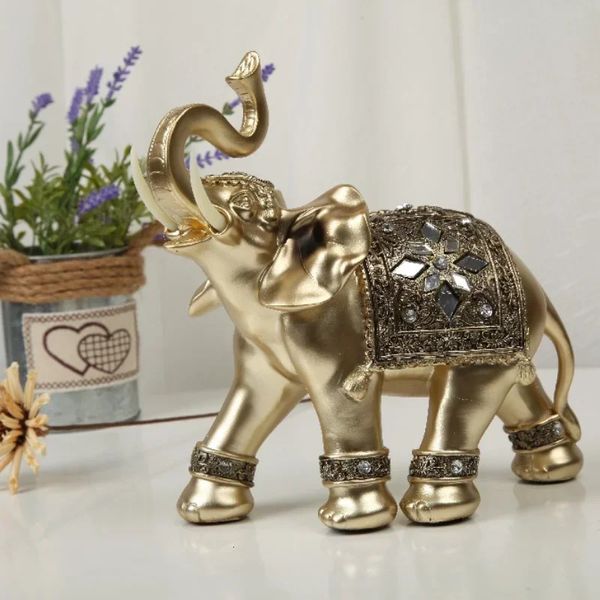 Statua di elefante in resina dorata Feng Shui elegante tronco di elefante scultura fortunata ricchezza figurine ornamenti artigianali per la decorazione domestica 240123