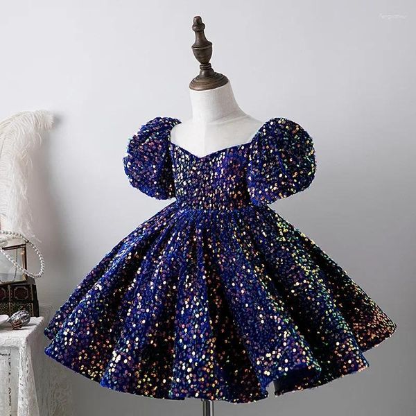 Платья для девочек, детская эксклюзивная одежда, торжественное платье с пышными рукавами и блестками, однотонное платье принцессы, милое милое плиссированное трапециевидное платье