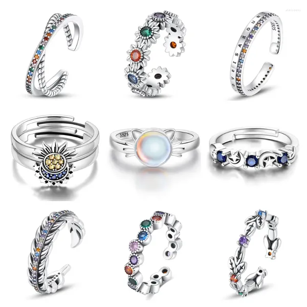 Anelli a grappolo in argento sterling 925 per donna, margherita, ala di piume, girasole, stampa animale domestico, anello a farfalla, regalo per l'anniversario