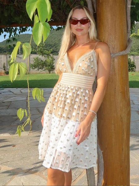Casual Dresses Süßes Patchwork-gedrucktes Damen-Mini-Sling-Kleid Sexy V-Ausschnitt Schulterfrei Ärmellos Vestidos Lady Vacation Chic Streetwear