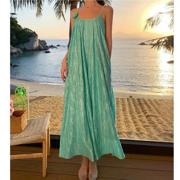 Abiti casual Abito estivo da donna elegante francese Pieghettato con cinturino per spaghetti lucido Boho verde con lacci Abiti lunghi da donna Drop