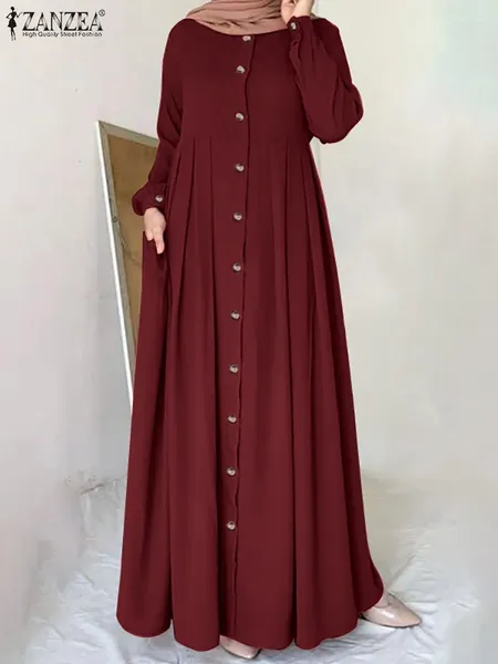 Ethnische Kleidung ZANZEA Femme Frühling Solide Muslim Kleid Abaya Kaftan Oansatz Vollärmelige Tunika Roben Böhmische Lässige Elegante Islamische Kleider