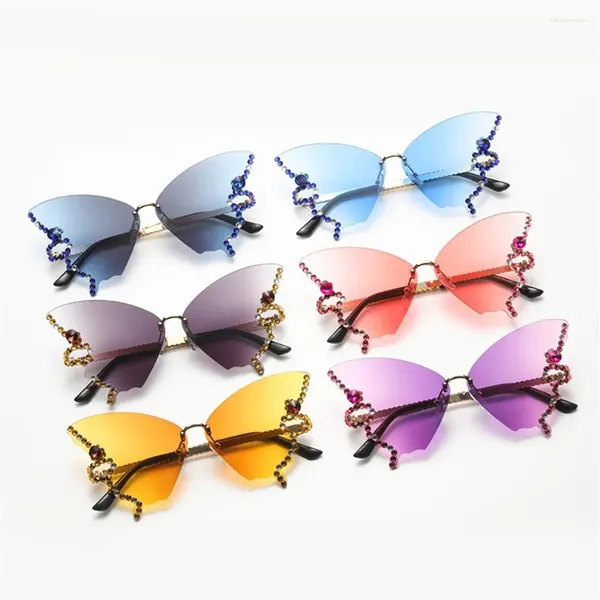 Sonnenbrille Damen Übergroße Randlose Strass Bling Sonnenbrille Y2K Brillen Schattierungen Diamant Schmetterling