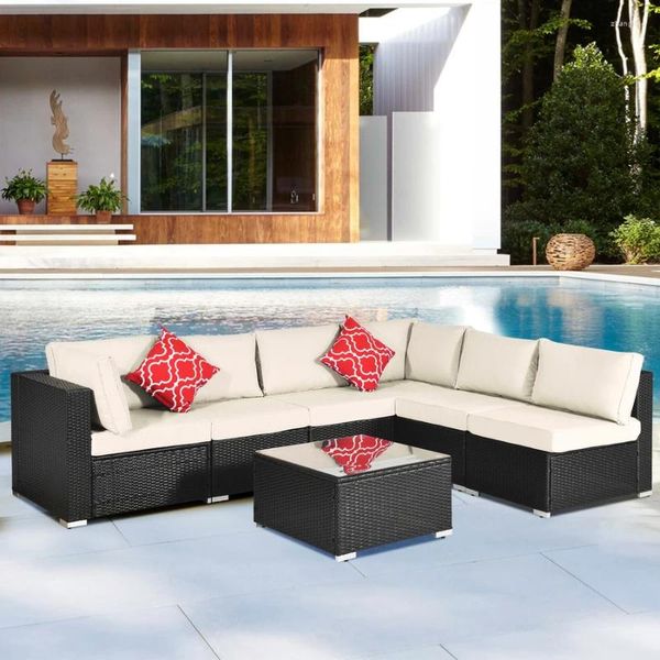 Camp Furniture Outdoor Garten Terrasse 7-teilige gepolsterte Sofagarnitur aus PE-Rattangeflecht mit 2 Kissen und Couchtisch