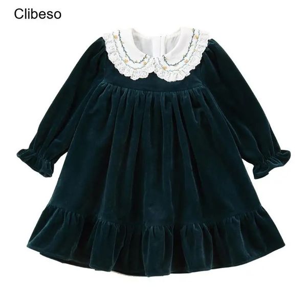 2024 Clibeso Kinder Mädchen Samt Kleid für Herbst Kleinkinder Vintage Stickerei Lose Kleider Kinder Boutique Ersten Geburtstag Outfits 240126
