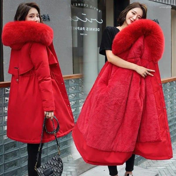 Damen Trenchcoats Winter Langer Stil Baumwollmantel Koreanischer Abnehmbarer Kunstpelzkragen Windjacke Übergroße Parkas Weibliche Warme Dicke Jacke