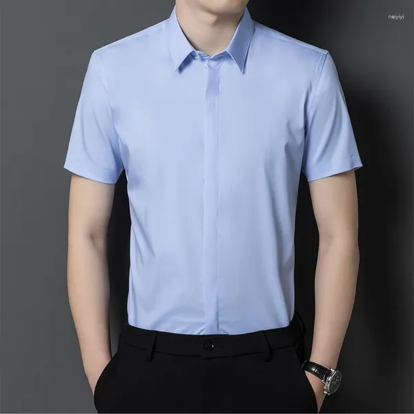 Camisas masculinas de alta qualidade camisa de manga curta legal respirável no verão confortável negócio formal social padrinho-azul-branco-preto