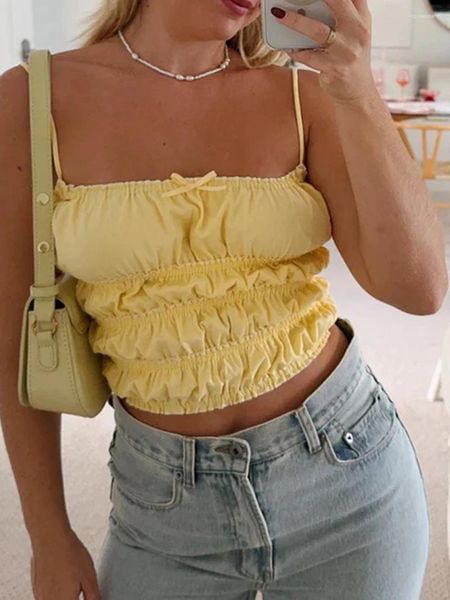 Damen Tanks Y2k Aesthetic Slim Cami Tops Einfarbig Spaghettiträger Rüschen Smocked Vest Show Navel Cropped Camisole Streetwear