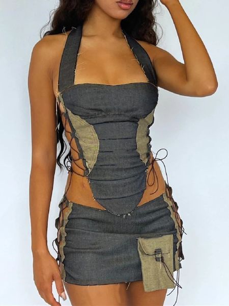 Top e saia conjunto vintage bandagem boate conjunto sexy emenda conjunto de duas peças conjunto de competição das mulheres suspender conjunto de férias 240210