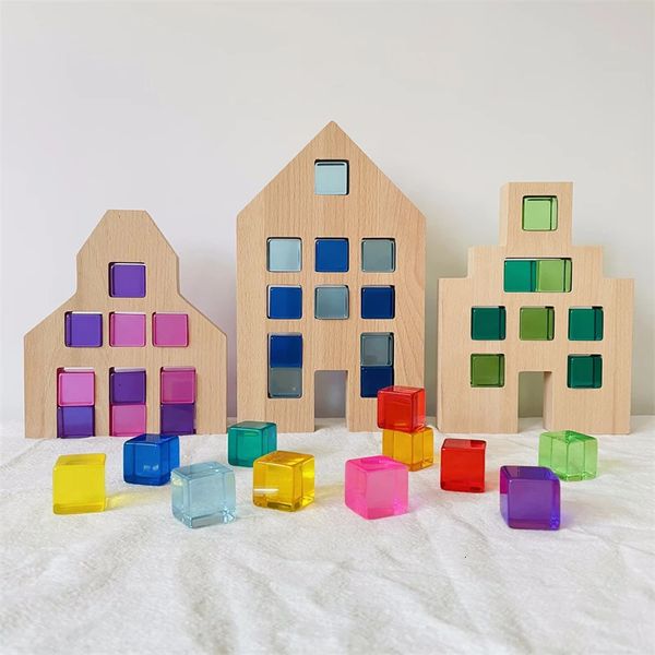 Dutch Wood Houses Lucite Würfel Blöcke Regenbogen Acryl Bausteine Farbe Straße Offenes Spielen Montessori Lernspielzeug 240124