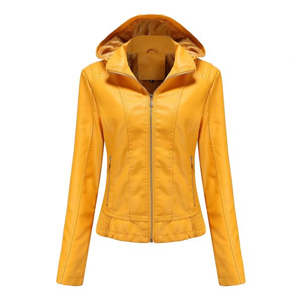 Herbst und Winter Lederjacke mit Kapuze für Damen, abnehmbarer Hut, Reißverschluss, langärmeliger Samt, warmer PU-Leder, schmaler Mantel S-3XL 240126