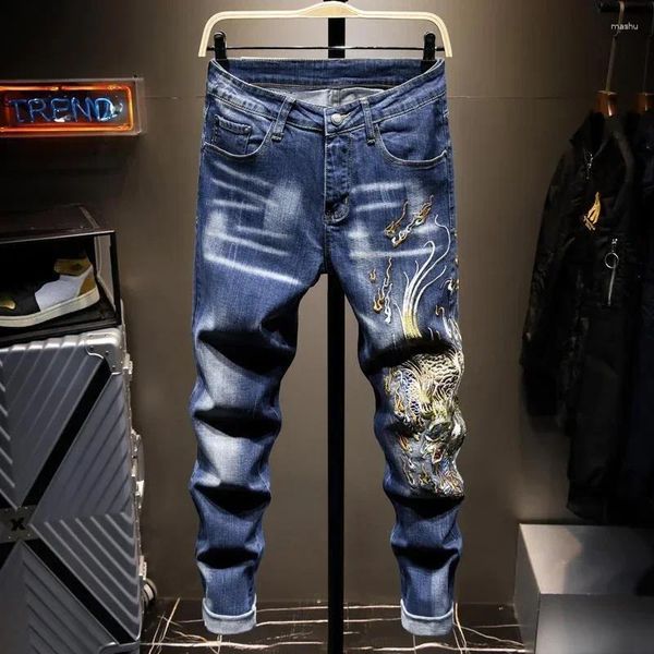 Calças de brim masculinas calças casuais gráfico homem cowboy calças primavera outono 2024 moda em preto goth designer denim tendência clássico