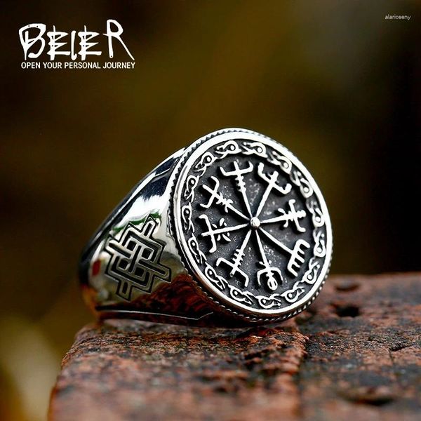 Cluster-Ringe Beier 2024 Design Edelstahl Wikinger Kompass Ring Runen Nordic Totem Odin Schmuck Vintage Großhandel