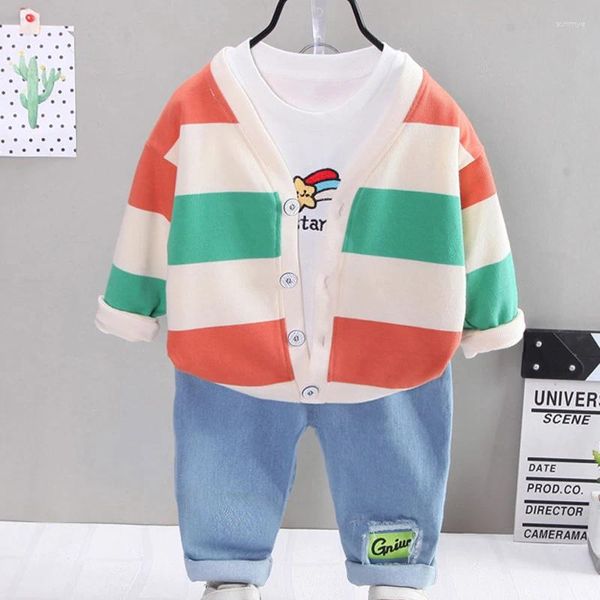 Conjuntos de roupas coreano bebê menino outono primavera para crianças algodão moda calças camiseta jaqueta 3 pc crianças roupas terno 1-5y