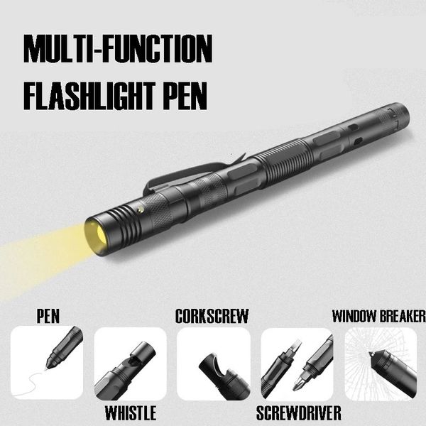 Многофункциональная тактическая ручка со светом, уличный фонарик для самообороны, разбитый оконный конус, свисток, открывалка для бутылок, отвертка 240123