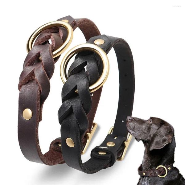 Collari per cani regolabili in vera pelle intrecciata con hardware in metallo antiruggine per animali di piccola e media taglia come Pit Bull Husky