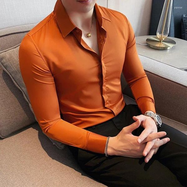 Мужские классические рубашки, 8 цветов, мужская рубашка высокого качества, осень 2024, однотонная потайная планка с длинным рукавом, деловая облегающая посадка, социальная