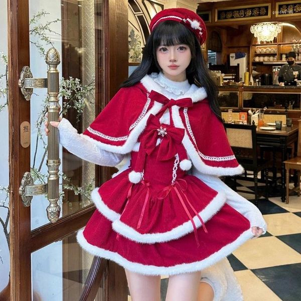 Vestidos de trabalho japonês kawaii lolita vestido define mulheres com capuz xale jaquetas curtas arco mini saia estilo coreano doce vermelho ano de natal terno