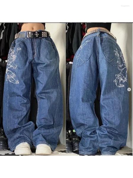 Jeans da donna Y2k stampa americana dritta a vita alta per donna con motivo Tiger Poker gamba larga ampia stampata lavata