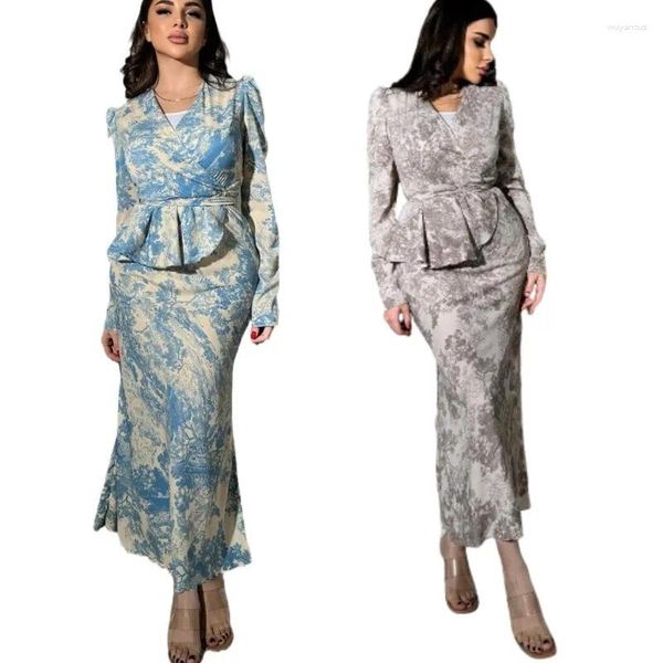 Этническая одежда, модные женские африканские топы с длинными рукавами и рюшами, юбки, комплекты, элегантная женская блузка с цветочным принтом в Дубае, наряды Абая