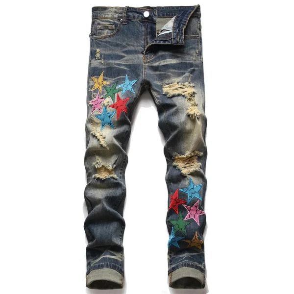 América dos homens jeans buraco estrela bordado tendência elástica magro calça masculina hip hop jean calças da motocicleta dos homens gráfico jean