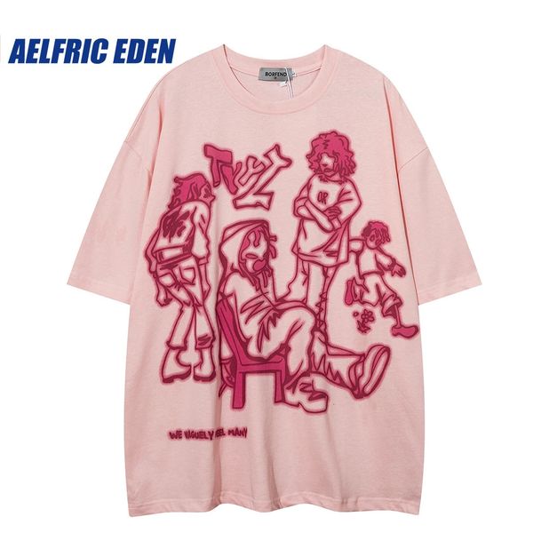 Aelfric Eden Mens Casual Y2K Karikatür Hat Karakter Baskı T-Shirts Harajuku Hip Hop Street Giyim Anime Grafik Tshirts Pamuk Üstleri 240129