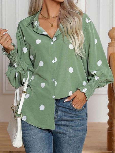 Blusas femininas polka dot print blusa feminina manga longa lanterna casual solto escritório senhora camisas primavera verde único breasted topos blusas