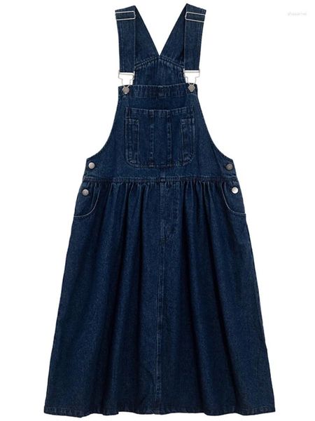 Lässige Kleider Sommer Preppy Denim Overall Kleid Frauen ärmellos verstellbarer Riemen Latztasche Blue Jeans Vintage A Line Midi Jean