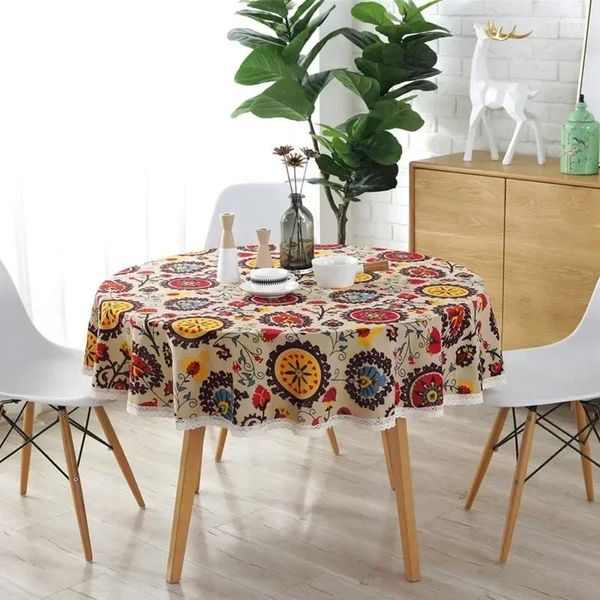 Tischdecke aus Baumwollleinen, runde Tischdecke mit Spitze, staubdicht, floraler runder Bezug für Küche, Esszimmer, Tischdekoration