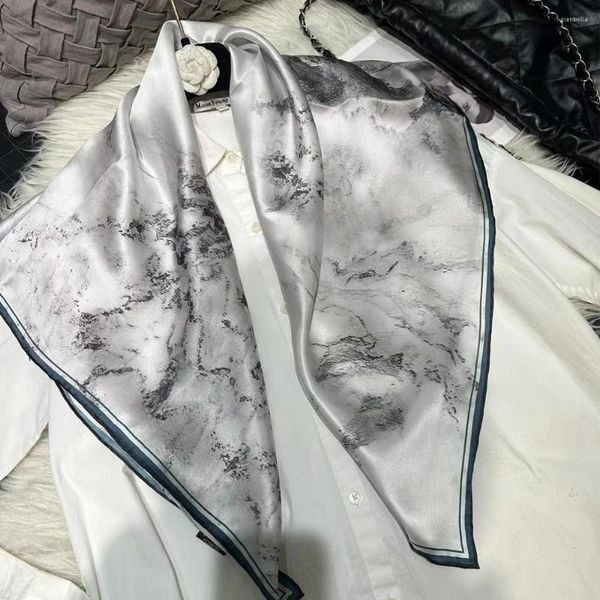 Cachecóis BYSIFA | Lenço de seda feminino branco cinza outono inverno estilo chinês design de tinta de água grandes xales moda verão praia capa