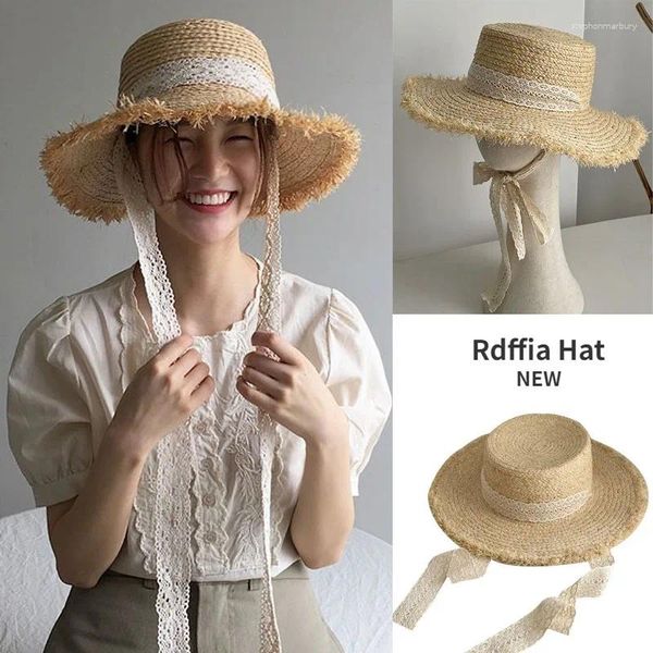 Шляпы с широкими полями, плоская соломенная шляпа из натуральной рафии, женская летняя шляпа 2024, французско-корейская версия, маленькое свежее кружево, приморский пляж
