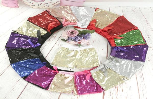 Shorts de lantejoulas para bebês, calças de verão para meninas com glitter e brilho, fantasia de dança com laço de algodão, calças curtas boutique 7828902