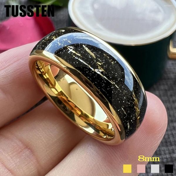 Anéis de casamento Tussten 8mm anel de aço de carboneto de tungstênio preto incrustado folha de cor de ouro para homens e mulheres jóias por atacado