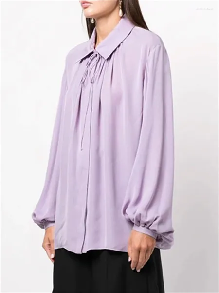 Blusas femininas manga lanterna roxa mistura de seda blusa renda-up gola virada para baixo senhoras botão coberto drapeado camisa solta