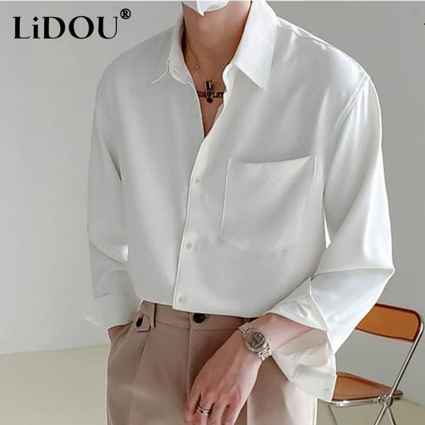 Primavera outono na moda moda highend blusa masculina manga longa simples casual chique camisa solta drape cor sólida todos os jogos topo masculino 240126