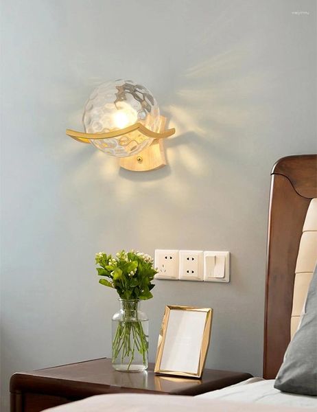 Lâmpadas de parede Modern Minimalista Lâmpada de Madeira Branco Preto Ouro Japonês Lua Cabeceira Led Sconce Luzes Bola de Vidro para Decoração Interior