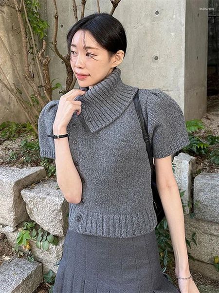 Женский вязаный кардиган с пышными рукавами, весна-осень 2024, корейский ретро, водолазка нестандартной формы, женский укороченный свитер, черный