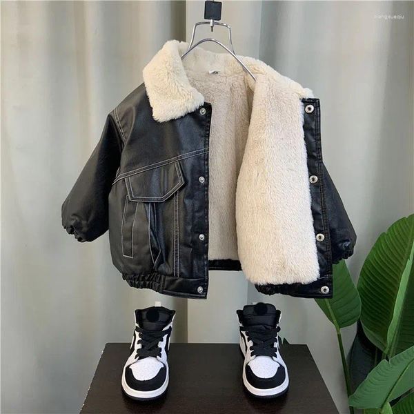 Jacken 2-10 Jahre alte Kinder Fleece Baumwollmantel 2024 Herbst Winter Hübscher Revers Dünne Lederkleidung Baby Jungen Coole dicke Jacke